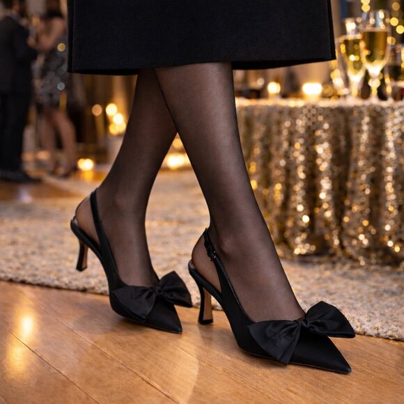 Zara Shoes - ZARA - NEW black satin pointy toed slingback heels with bow - size 39